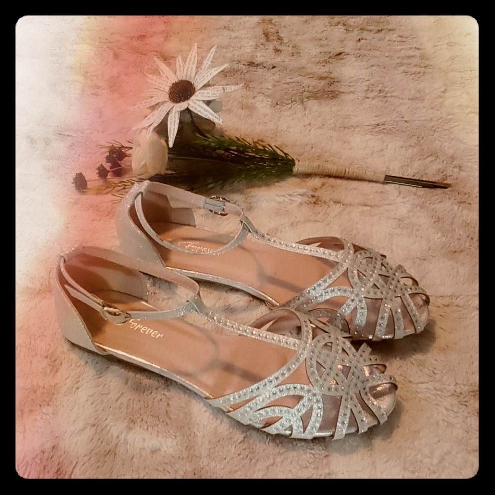 Silver shimmer vintage sparkly ankle strap ballet flats